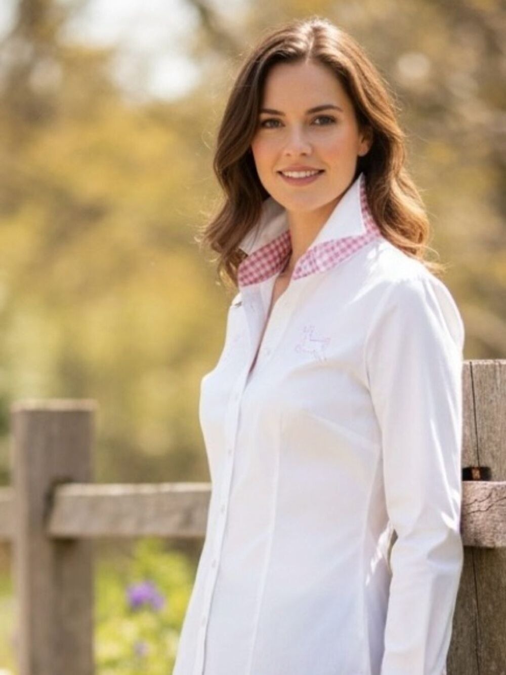 Gorsuch White Button-Up Stag Shirt with Pink Gingham